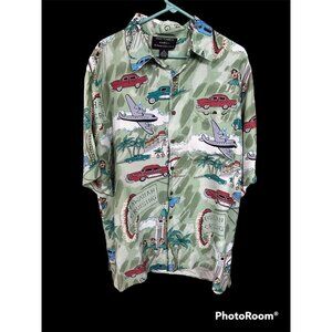 Hawaiian Shirt Silk Traders XL Short Sleeve Cars Hula Girl Dance Hawaii USA